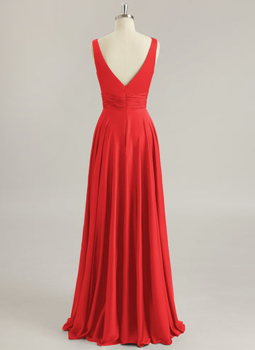 A-line V-Neck Floor-Length Silky Satin Prom Dresses With Pleated